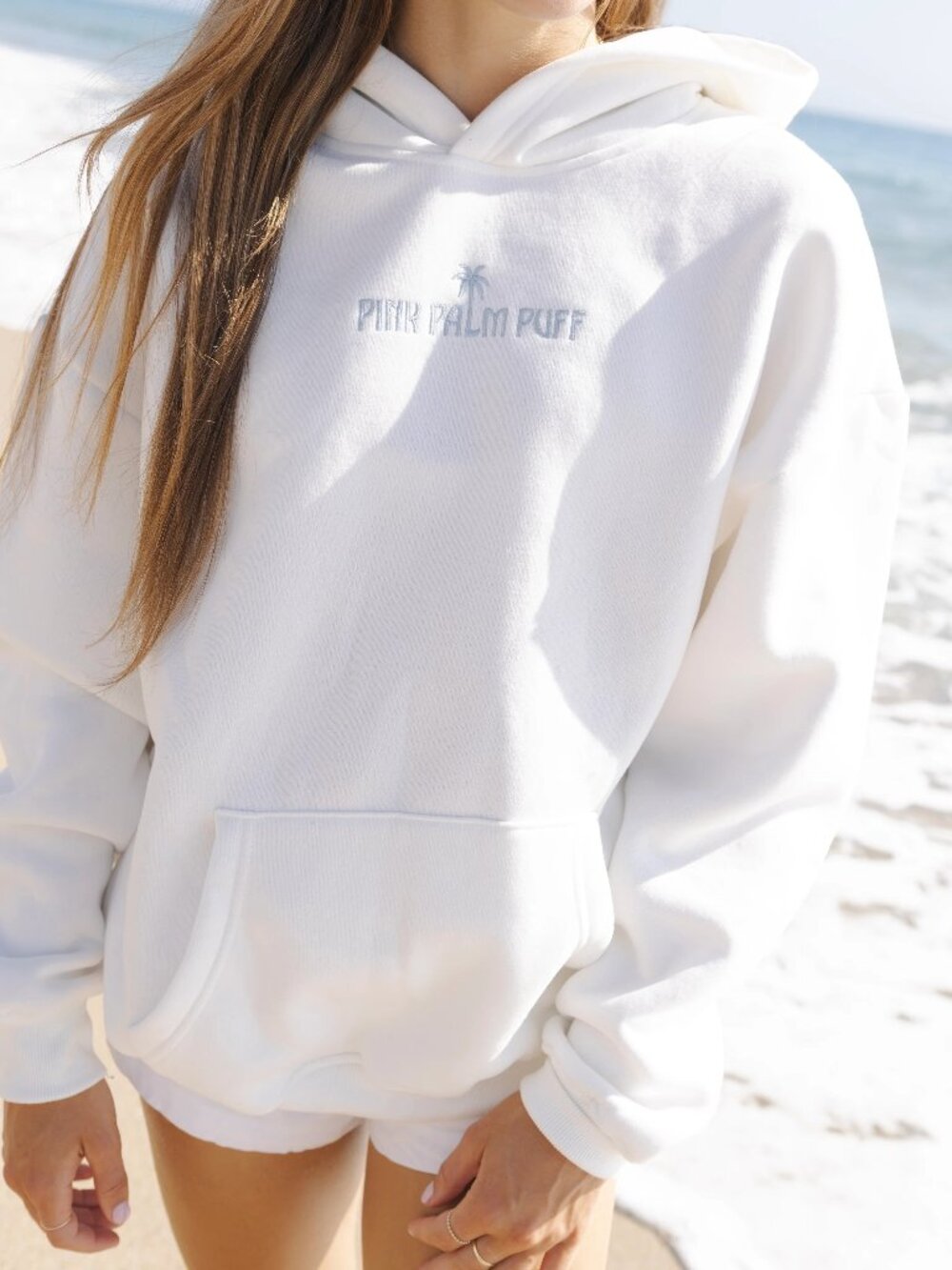 Pink Palm Puff Classic Puff Hoodie in Ocean Air, Size Small